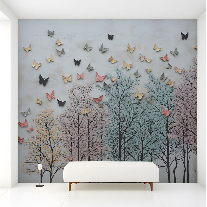 Butterfly forest mural installed in a dreamy entryway with white wooden furniture