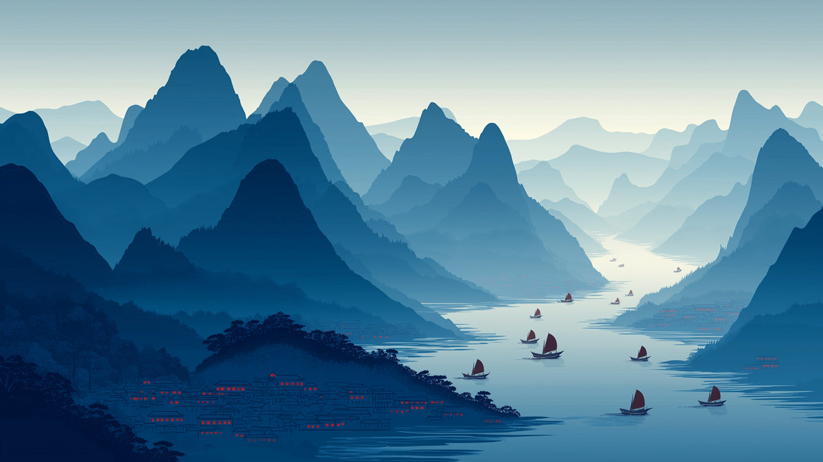 A panoramic mural of deep blue mountains with a river, small boats with red sails, and a soft pale sunrise sky.