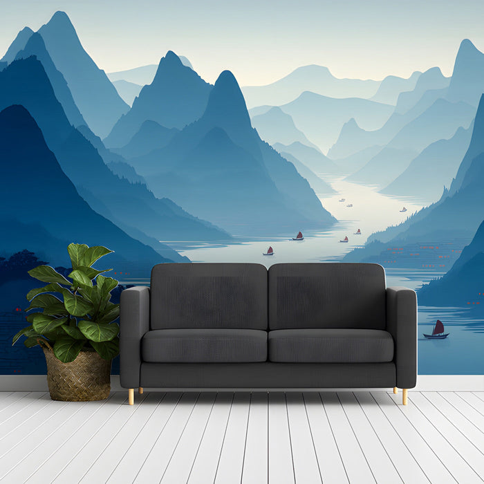 A serene study featuring the landscape mural as a backdrop for a neutral linen sofa.