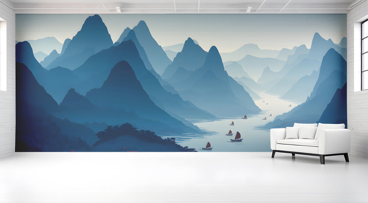 A cozy entryway featuring the mountain river wallpaper behind a low-profile wooden bed frame.