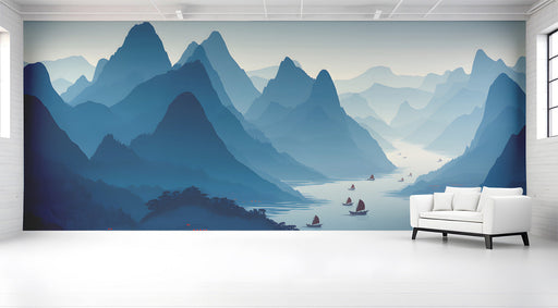 A cozy entryway featuring the mountain river wallpaper behind a low-profile wooden bed frame.