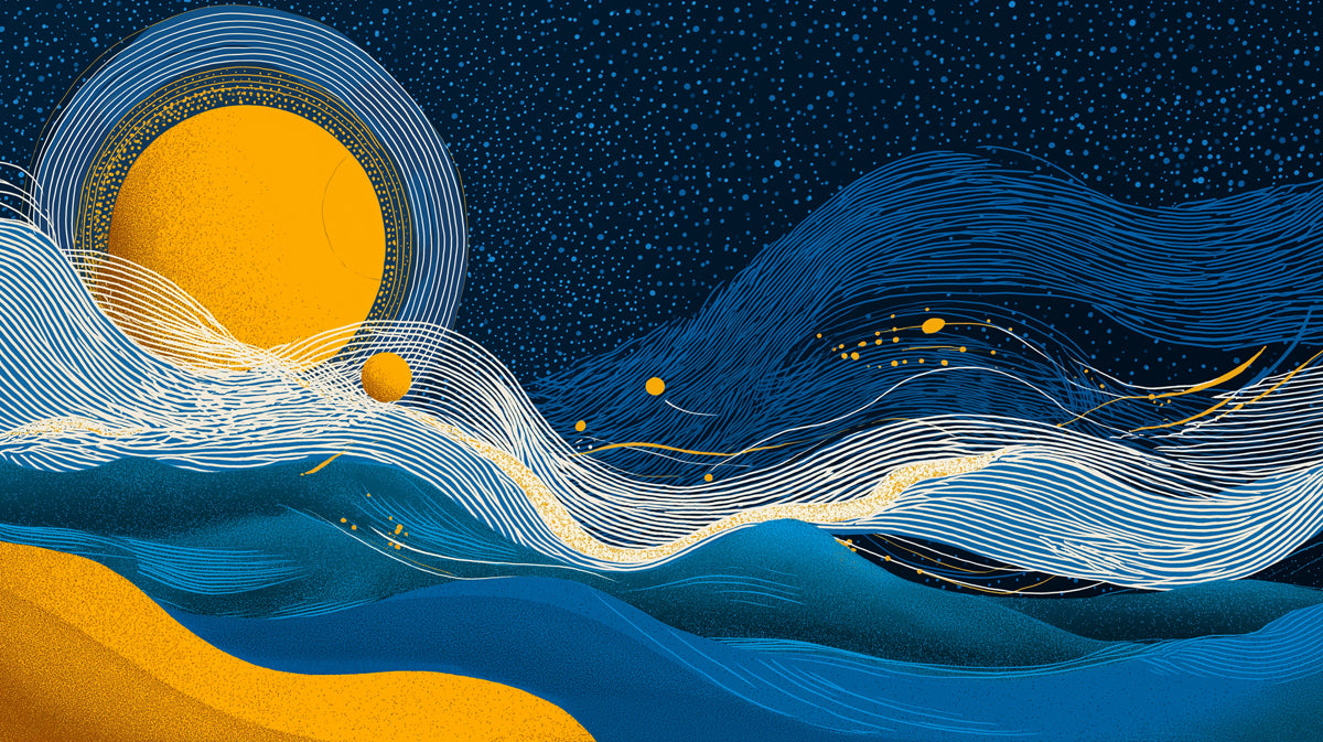Celestial abstract line art wallpaper in navy blue, ochre yellow, and white with a sun motif.