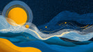 Celestial abstract line art wallpaper in navy blue, ochre yellow, and white with a sun motif.