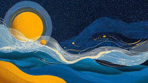 Celestial abstract line art wallpaper in navy blue, ochre yellow, and white with a sun motif.
