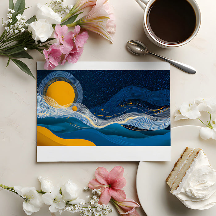 Modern office space with a navy and gold celestial mural creating a focused work atmosphere.