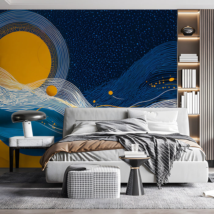 Bedroom with a stylized night sky wallpaper design and soft ambient accent lighting.