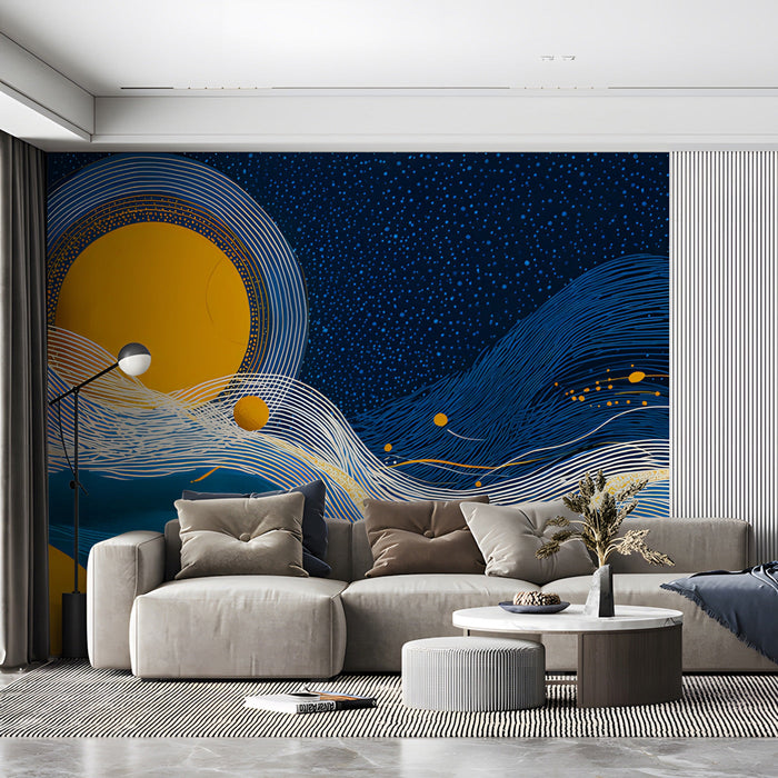 Cosmic sunset wallpaper installed on a feature wall in a minimalist primary living room.