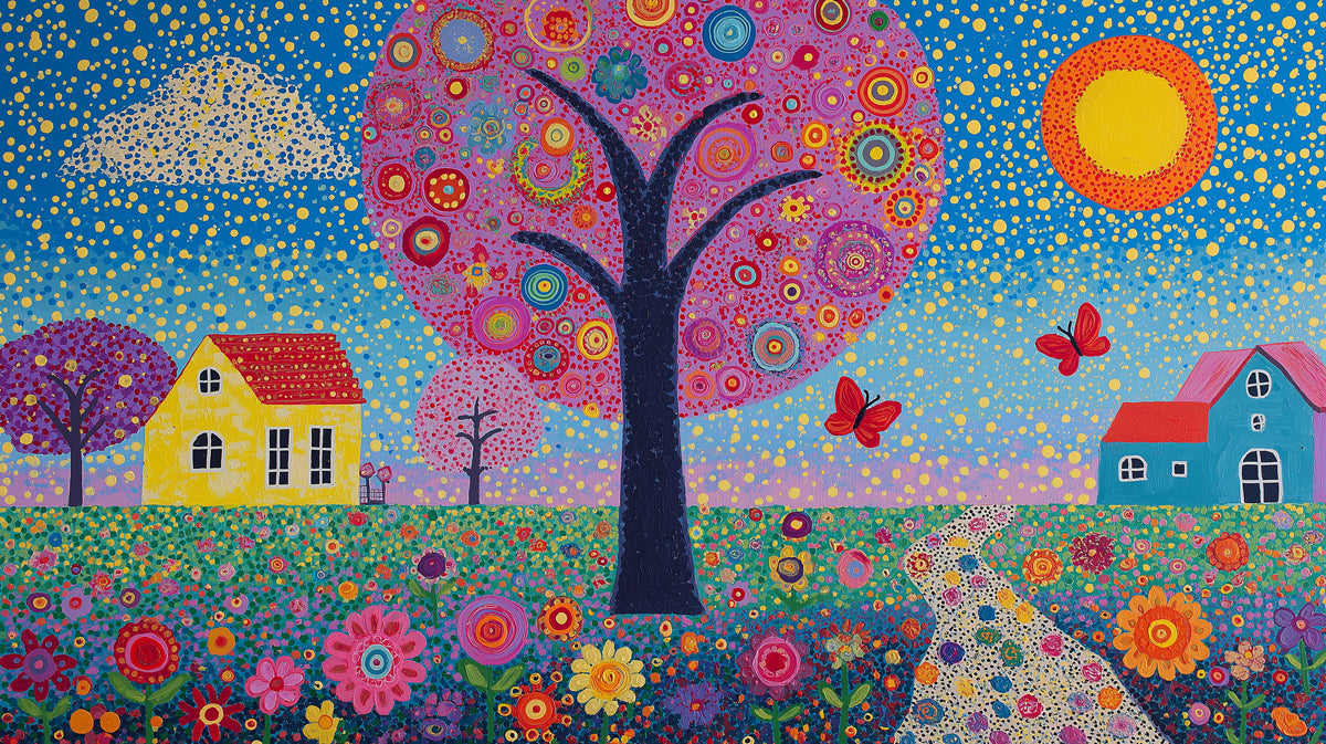 Whimsical folk art landscape wallpaper with colorful flowers, trees, cottages, and butterflies in an impressionist style.