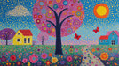 Whimsical folk art landscape wallpaper with colorful flowers, trees, cottages, and butterflies in an impressionist style.
