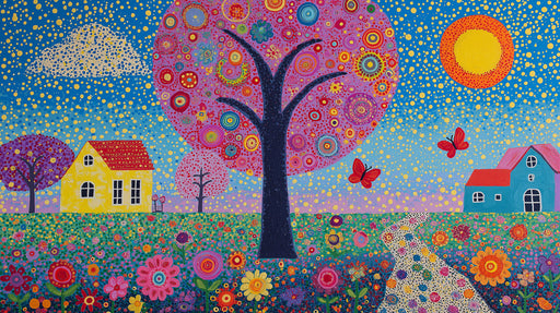 Whimsical folk art landscape wallpaper with colorful flowers, trees, cottages, and butterflies in an impressionist style.