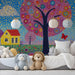 Bedroom corner with an artistic landscape mural, creating a fun and imaginative space for kids.