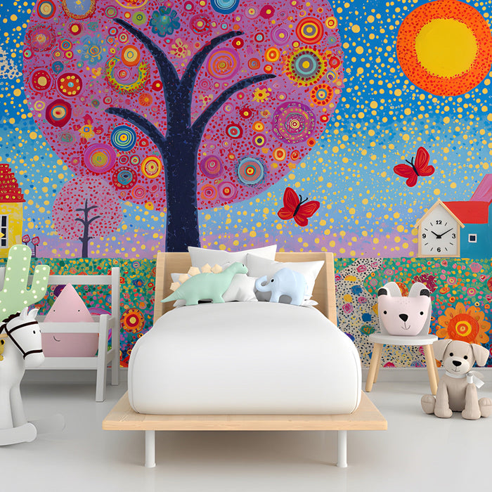 A creative bedroom wall decorated with a vibrant meadow wallpaper mural and minimalist wooden desk.