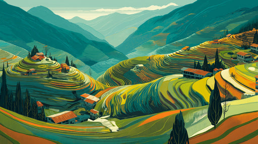 Stylized illustration of terraced rice fields in vibrant green, yellow, and terracotta orange under blue mountain peaks.