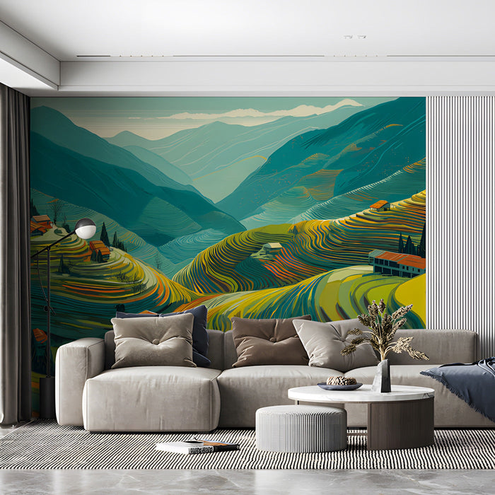 A bright, modern living room with a landscape mural that adds depth and artistic character to a feature wall.