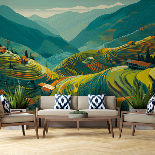 A cozy living room with a terraced mountain mural creating a serene and expansive backdrop behind a wooden desk.