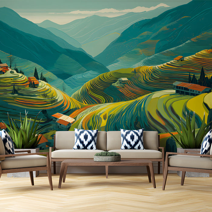 A cozy living room with a terraced mountain mural creating a serene and expansive backdrop behind a wooden desk.