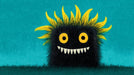 Whimsical monster wallpaper with black fur, yellow hair and eyes on a vibrant teal background