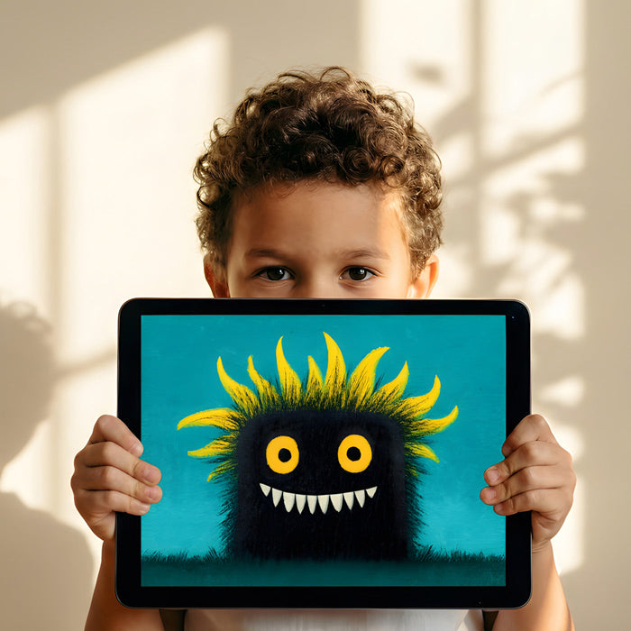 Fun creature mural installed in a modern family playroom with wooden toys