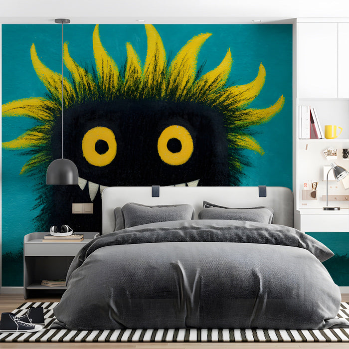 Playful monster character wallpaper featured in a colorful child's bedroom