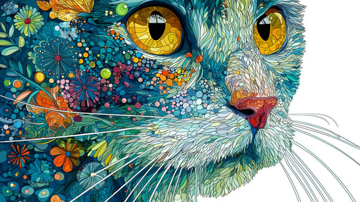 Abstract cat face mural with vibrant teal and blue floral patterns and piercing ochre eyes