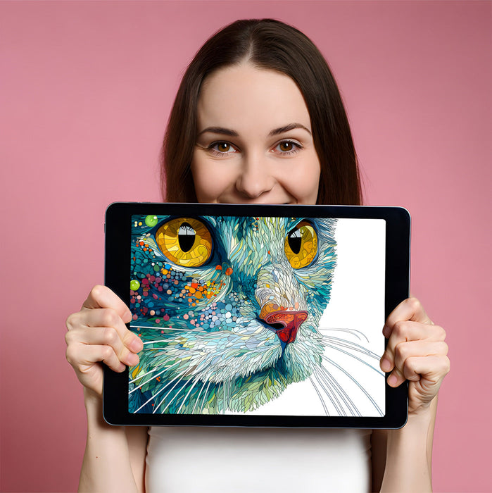 Creative home office space featuring an artistic feline wall mural behind a desk