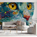 Playful living room interior featuring a detailed cat mosaic wall mural as a headboard wall