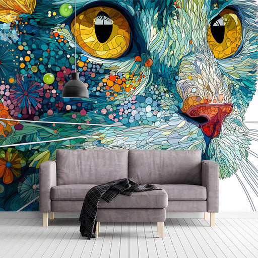 Modern living room wall decorated with a vibrant floral cat portrait mural