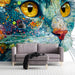Modern living room wall decorated with a vibrant floral cat portrait mural