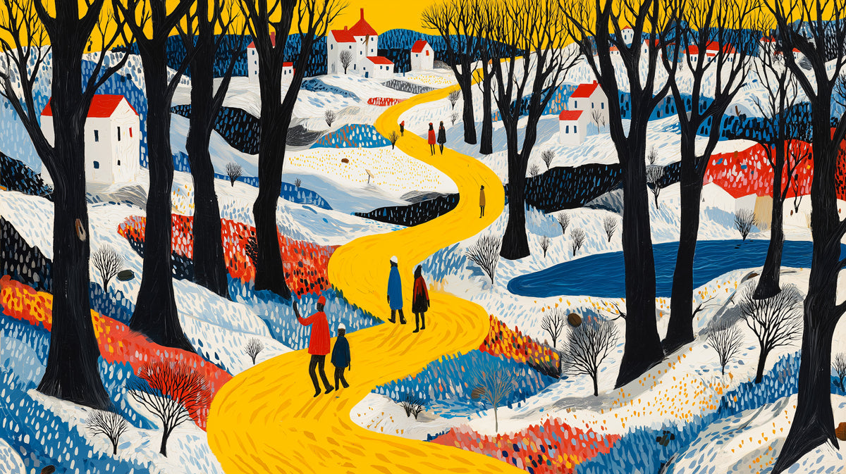 Folk art style winter landscape wallpaper with a bright yellow path, charcoal trees, and small white houses with red roofs.
