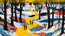 Folk art style winter landscape wallpaper with a bright yellow path, charcoal trees, and small white houses with red roofs.