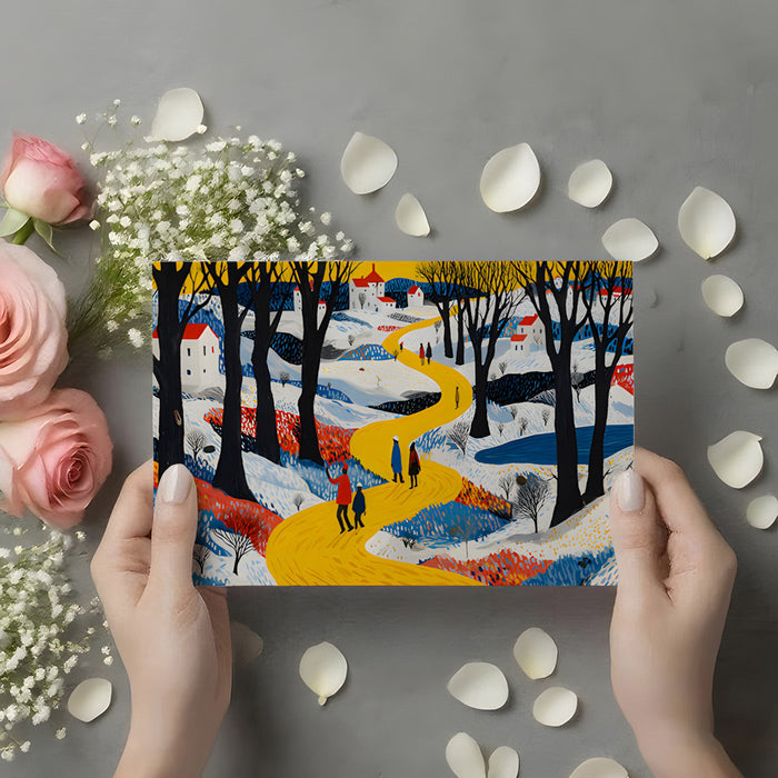 A cheerful entryway wall covered in a folk art village scene that creates a warm and welcoming first impression.