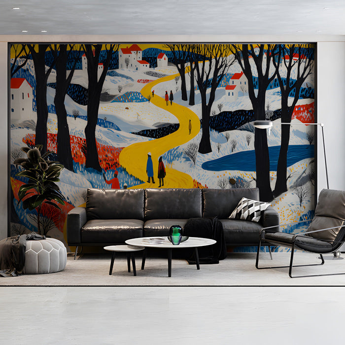 A bright, eclectic living room with a storybook-inspired winter village wallpaper mural on the main feature wall.