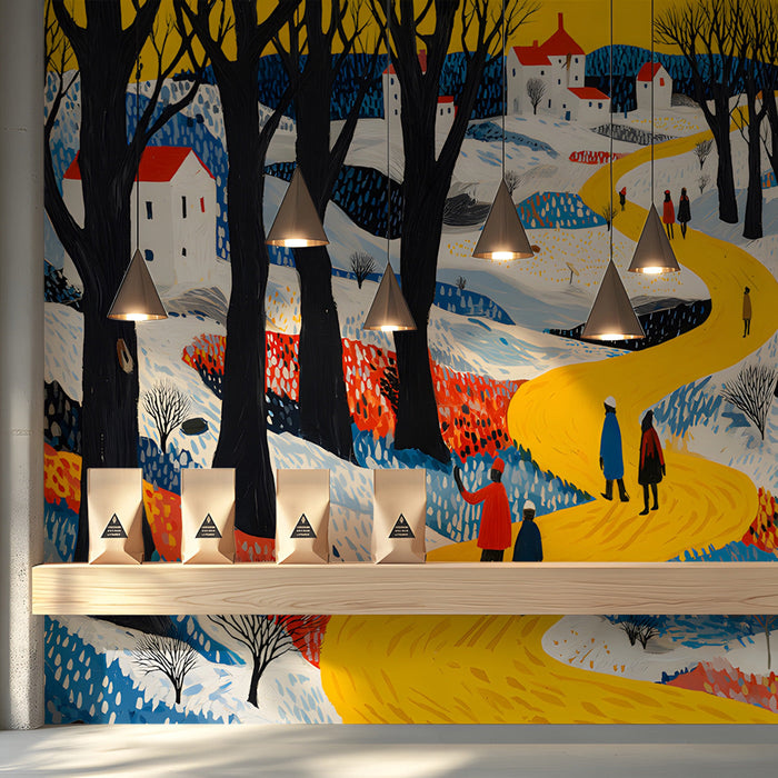 A cozy shop featuring a whimsical winter path mural as a vibrant background for a wooden desk.