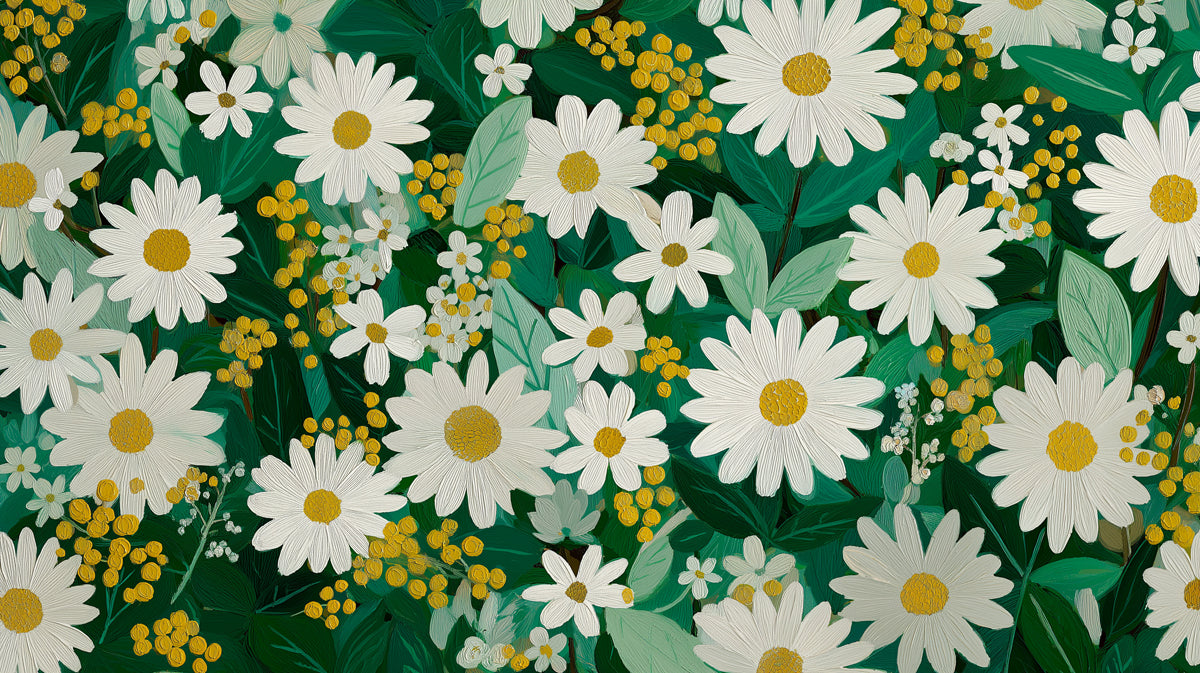 Painterly floral pattern featuring large white daisies and yellow mimosa flowers against a deep green forest background.