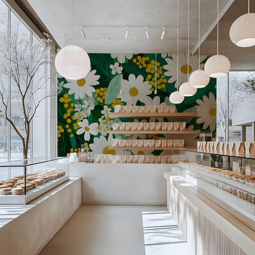 Cozy bread shop interior showcasing a lush daisy and mimosa wallpaper design behind a neutral bed frame.