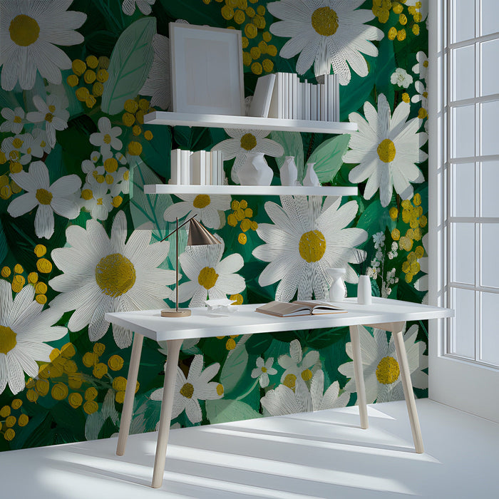 Cheerful study featuring a bold daisy mural on the primary accent wall with light wood furniture.