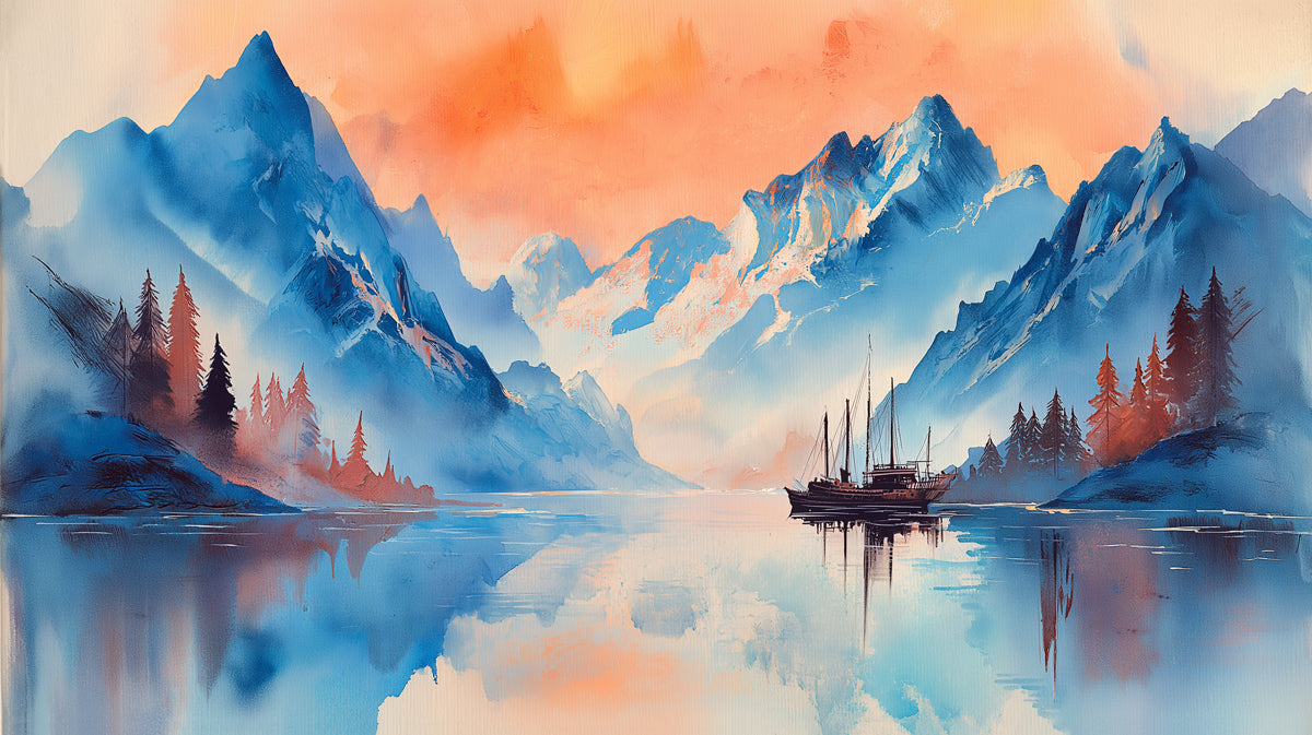 Watercolor style mountain lake mural with blue peaks and orange sunset clouds