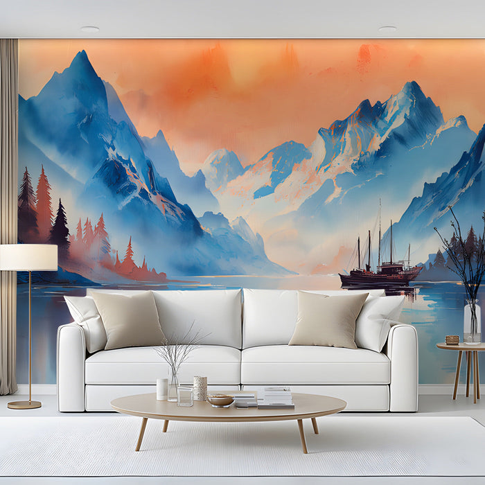 Sunset landscape mural featured in a living room or creative study space