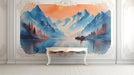 Mountain lake mural installed in a cozy entryway behind a wooden bed frame