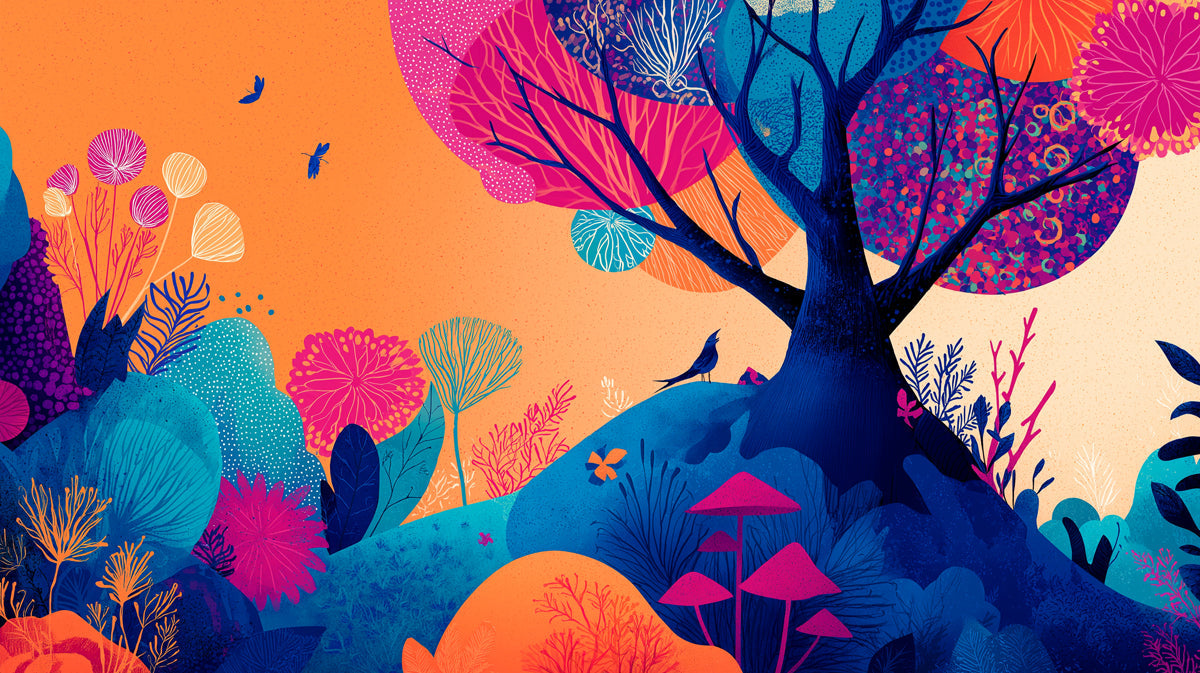 Abstract wallpaper pattern with a dark tree, magenta flowers, and orange sunset sky background