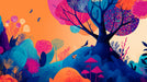 Abstract wallpaper pattern with a dark tree, magenta flowers, and orange sunset sky background