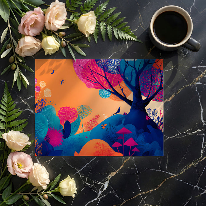 Eclectic dining room interior with a colorful botanical forest wall mural
