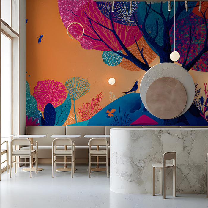 Cafe featuring a vibrant surreal garden mural wall