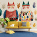 A creative playroom space featuring a playful cat and leaf motif wall covering