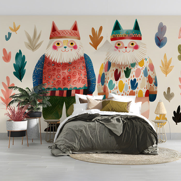 A cozy bedroom featuring a wall mural with stylized cat characters and autumn leaves