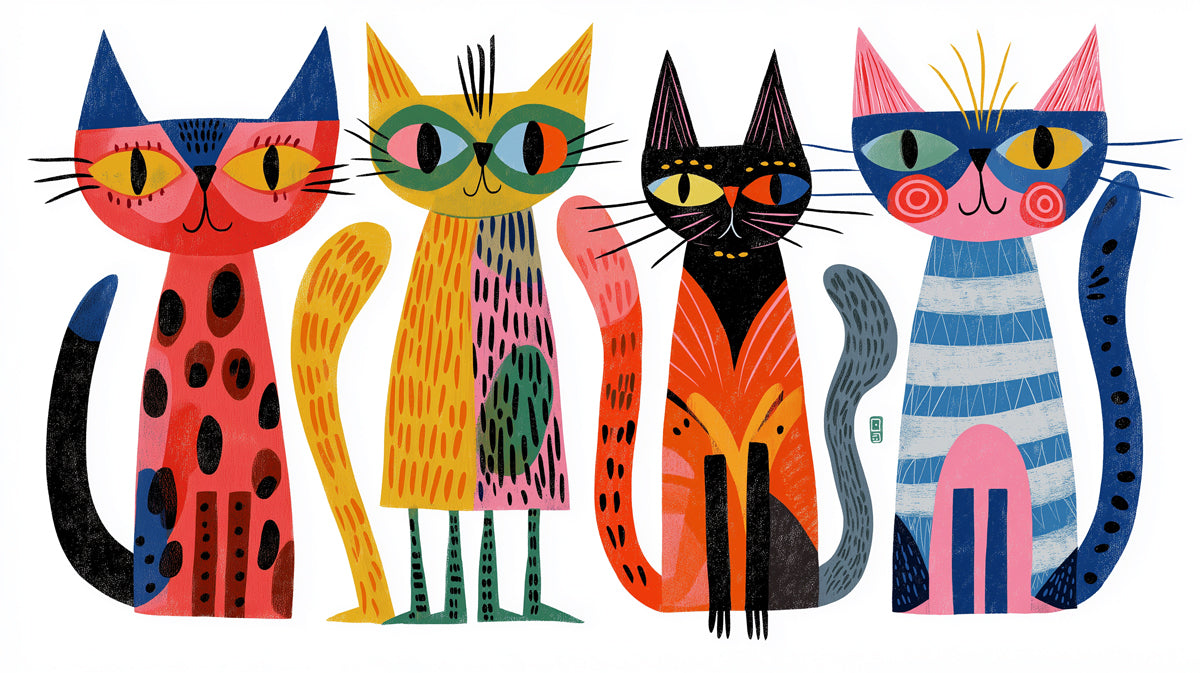 Whimsical folk art pattern featuring four stylized cats in red, yellow, blue, and black against a white background.