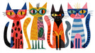 Whimsical folk art pattern featuring four stylized cats in red, yellow, blue, and black against a white background.