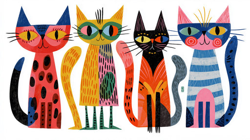 Whimsical folk art pattern featuring four stylized cats in red, yellow, blue, and black against a white background.