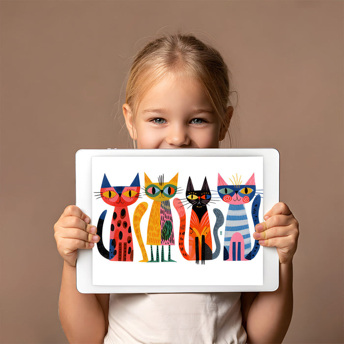 A minimalist home office space decorated with a vibrant, painterly cat wall mural to add character.