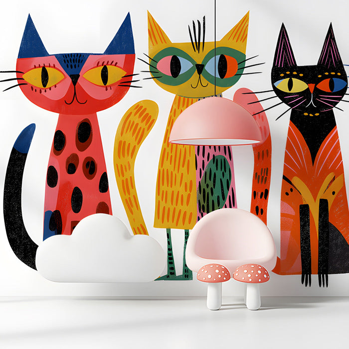 A bright, colorful nursery room featuring the cat mural as a fun, creative accent wall.